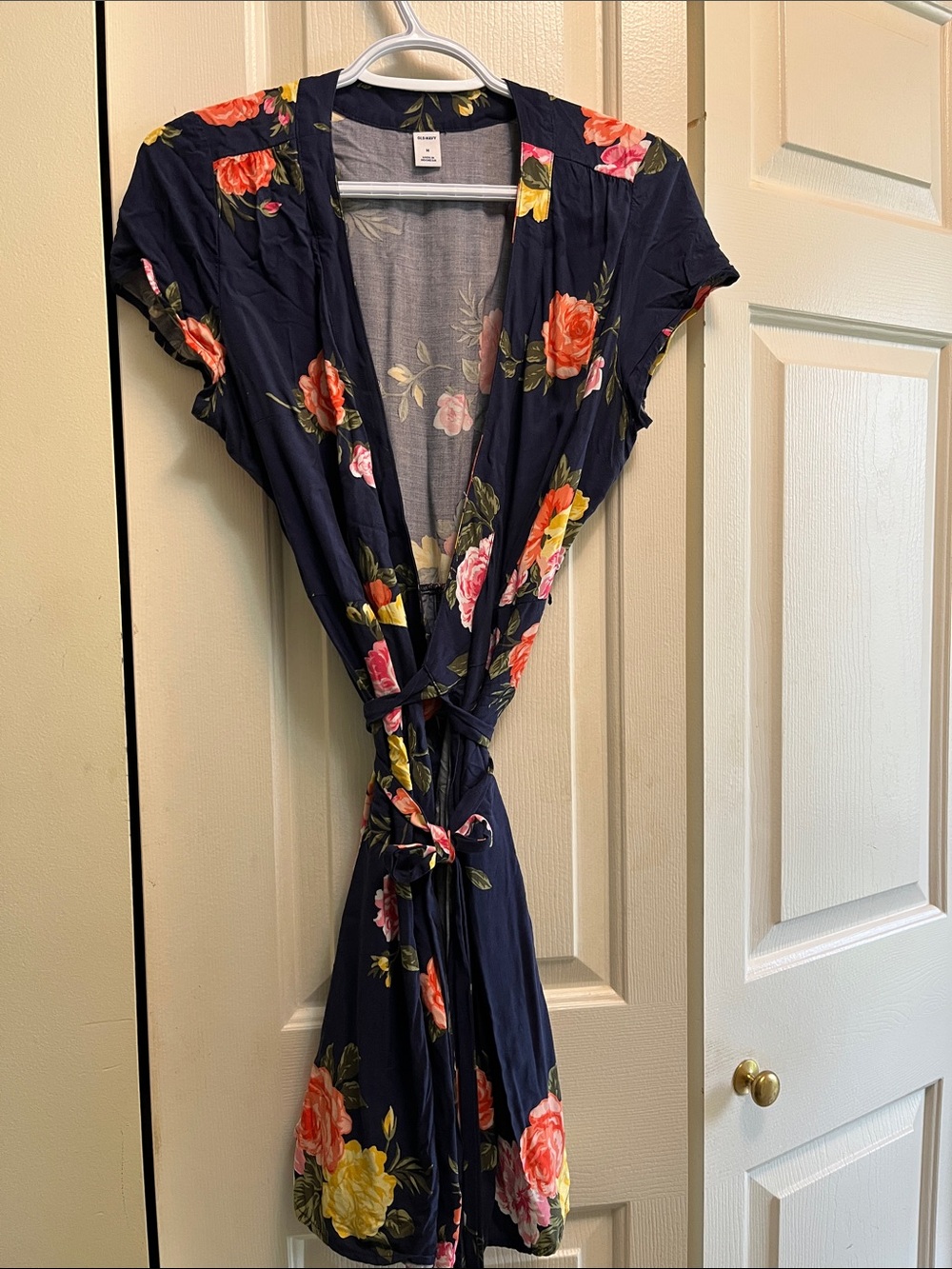 Old Navy Navy Floral Midi Wrap Dress with Tie Waist
